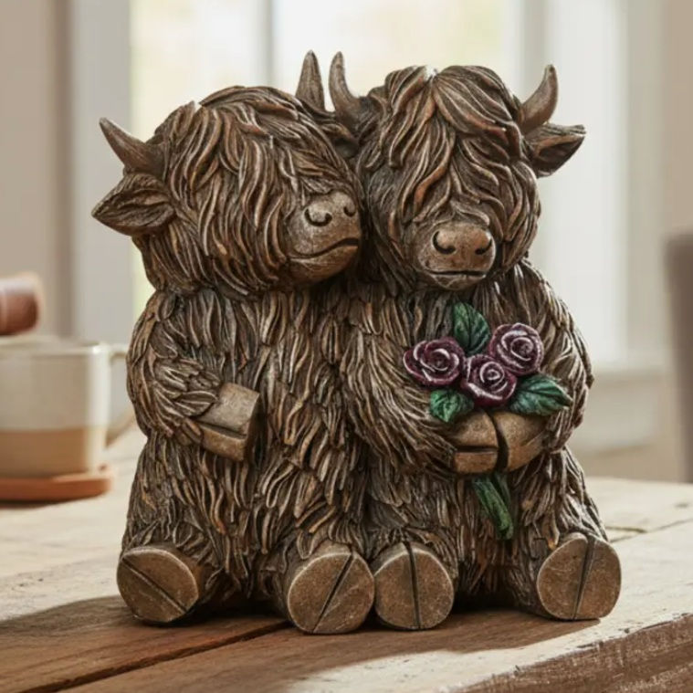Highland cow couple figurine sitting together with roses, rustic farmhouse décor for shelves, mantels, and tiered trays.