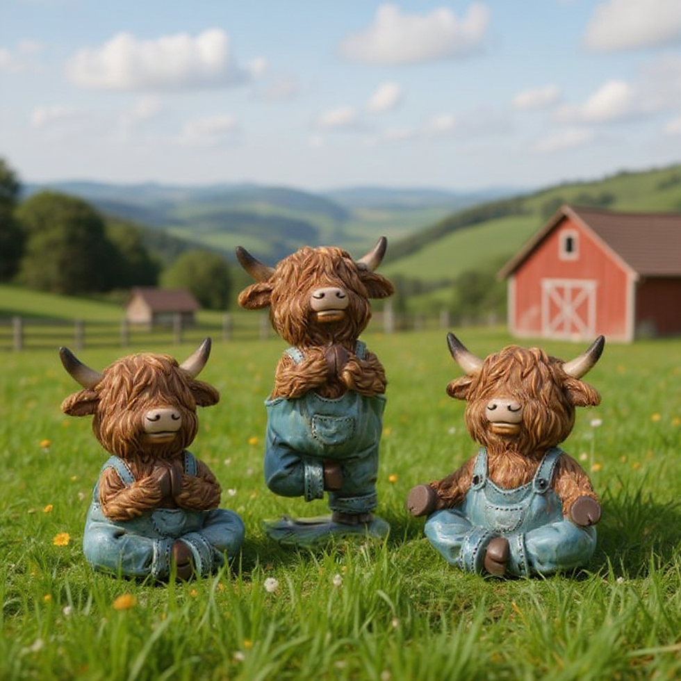Highland cow yoga figurine trio with shaggy fur and overalls, playful country home and garden decoration set.