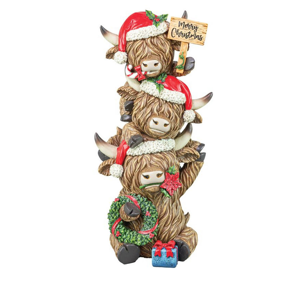Highland Cow Festive Stacker with three cows in holiday hats, rustic farmhouse Christmas decor gift