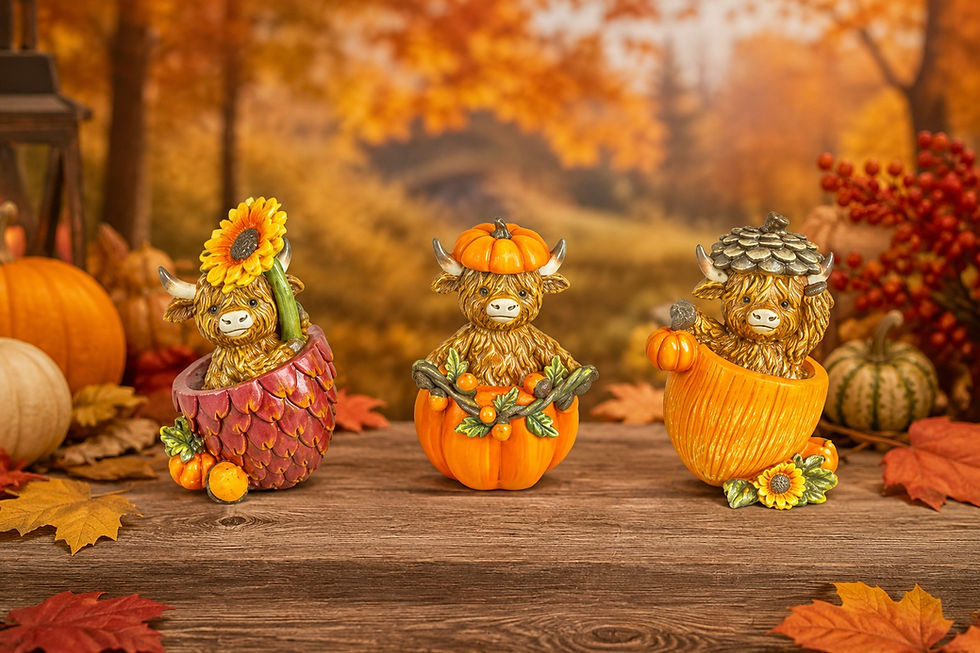 Set of 3 Highland cow fall figurines with pumpkins, sunflowers, acorns, and autumn harvest farmhouse décor.