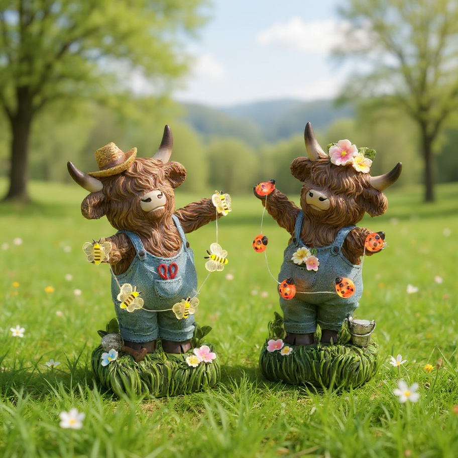 Pair of Highland cow figurines in overalls holding glowing bee and ladybug light strings, whimsical rustic décor accent.