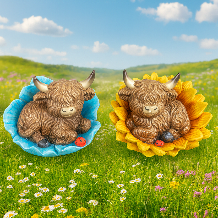 two highland cow figurines resting on flowers, one blue and one yellow