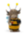A funny figurine of a Highland cow in a yellow and black striped bumblebee costume, ready to buzz with a honey pot.
