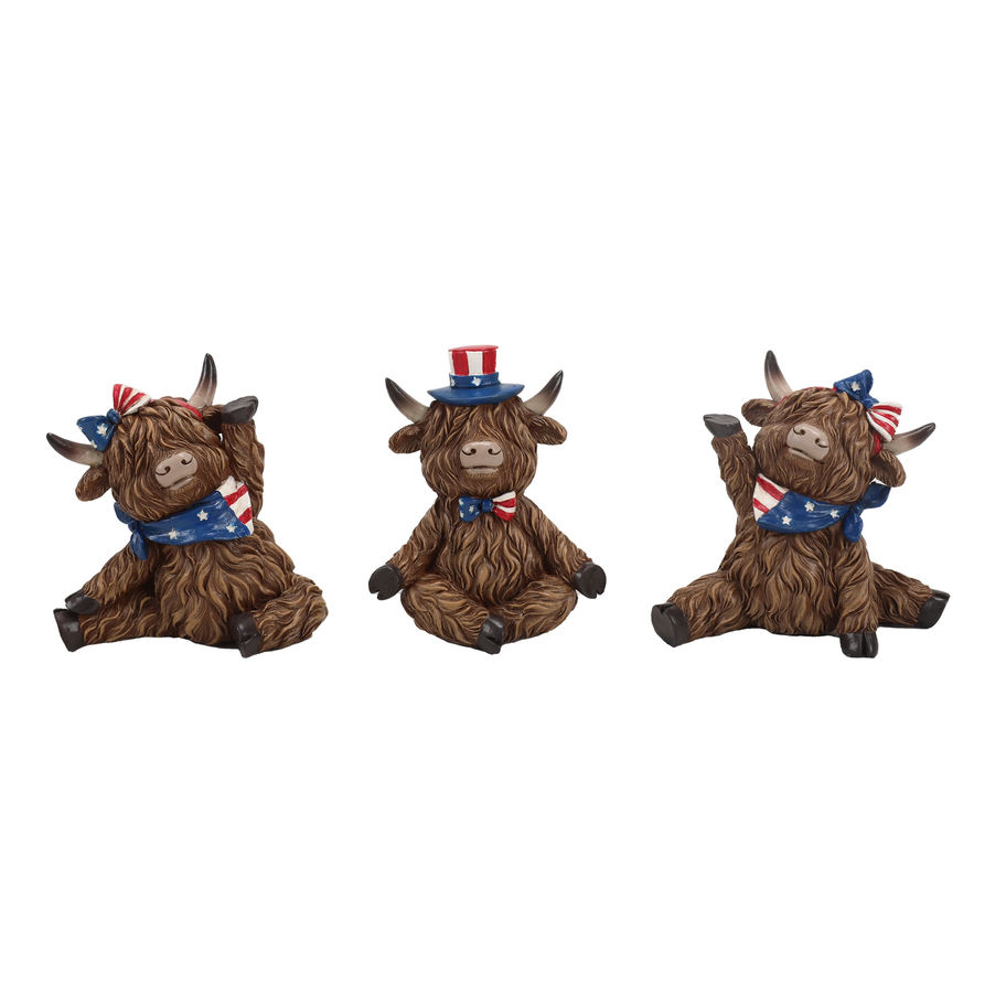 Highland cow yoga figurine trio with Americana hats, bows, and scarves for patriotic décor.