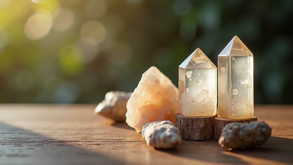 Close-up view of healing crystals and sage on a wooden table