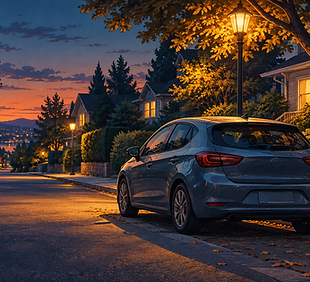 AI-generated illustration of a parked car at dusk; not a WOLFBOX camera image or test footage.