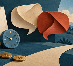 AI-generated illustration of a blank calendar, clock, coins, and speech bubbles.
