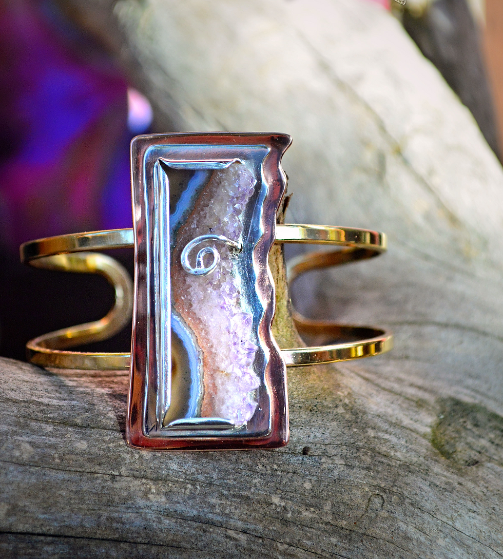 Thumbnail: Mixed metals amethyst crystal slice cuff bracelet