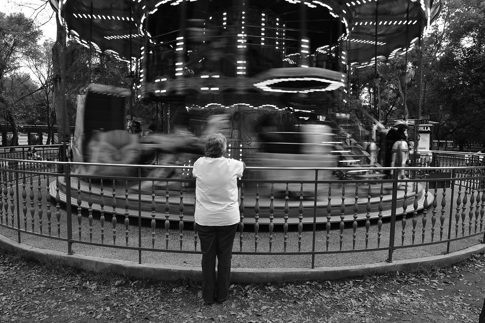 A woman looks at a carousel