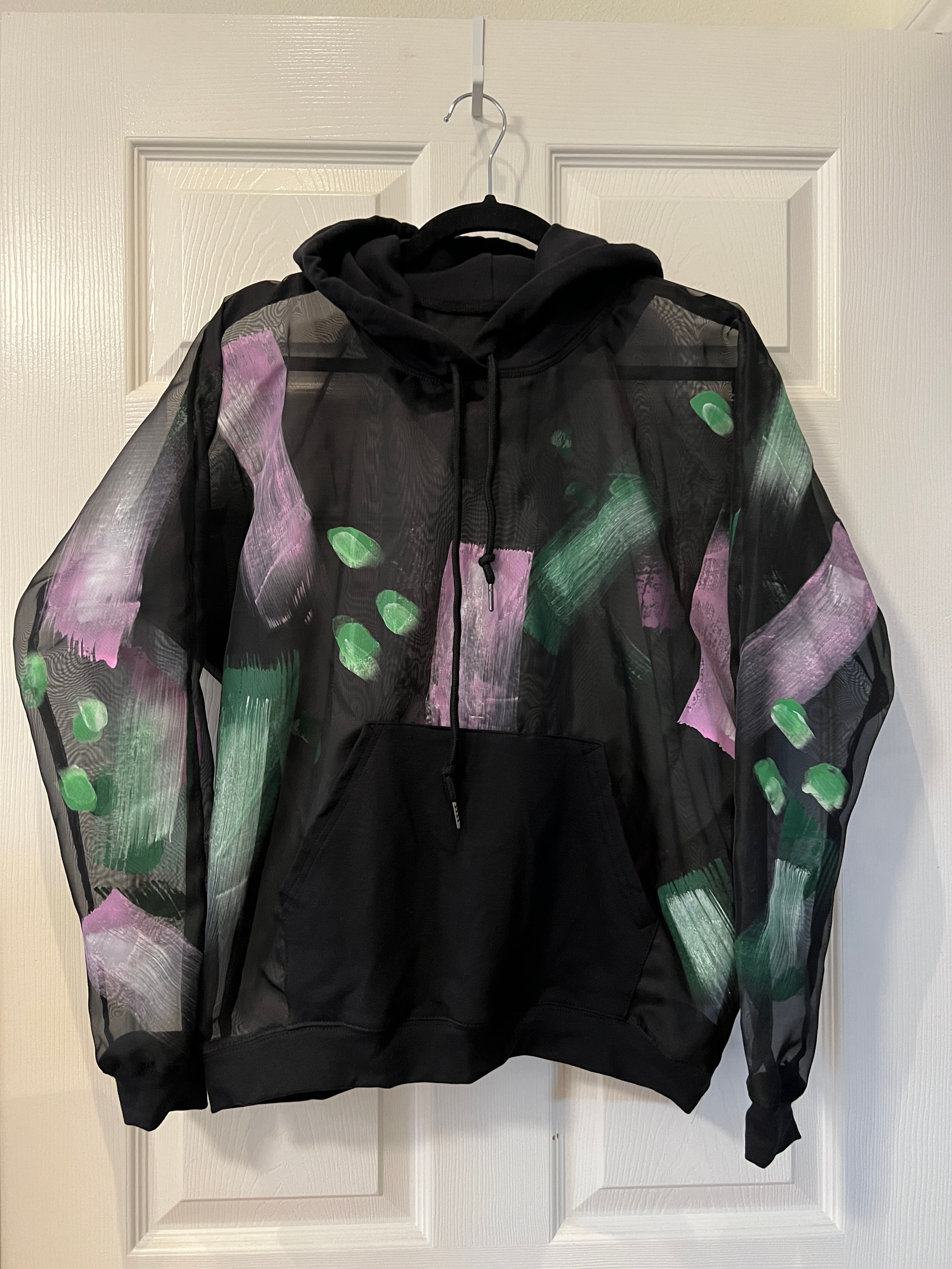 Black Sheer Hoodie w/ pink & green brush strokes