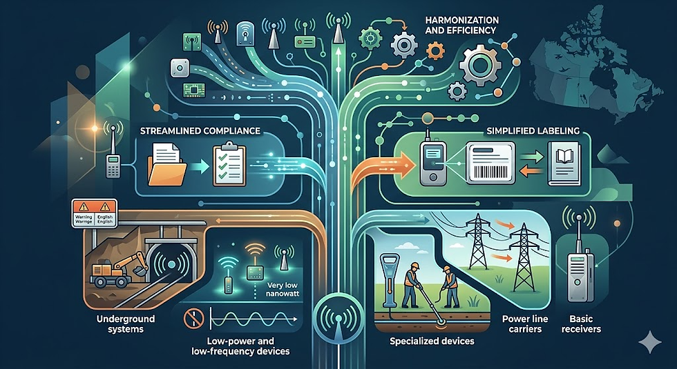 Infographic illustrating RSS-310 Issue 6 Canada updates, showing streamlined compliance, simplified labeling, harmonization with RSS-Gen, and categories such as underground systems, low-power devices, specialized equipment, power line carriers, and receivers within the Canadian regulatory framework