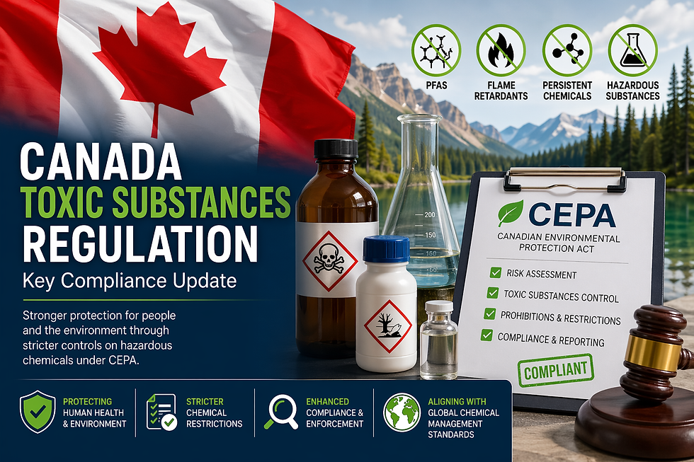 Canada toxic substances regulation infographic featuring Canadian flag, chemical hazard symbols, laboratory equipment, and CEPA compliance checklist highlighting restrictions on hazardous substances and environmental protection measures.