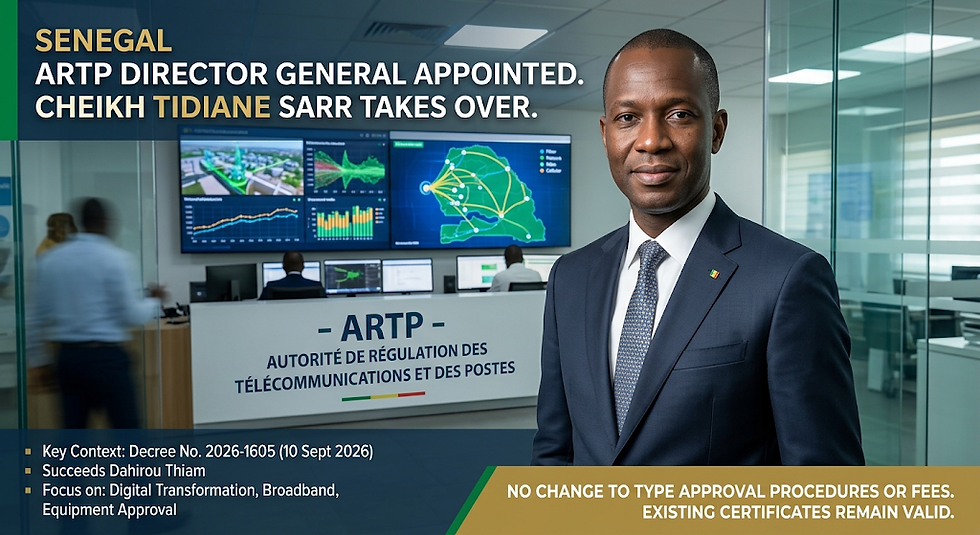 Cheikh Tidiane Sarr, the new Director General of the ARTP in Senegal, in a professional suit in front of a telecommunications control center and a panel summary of the regulations.