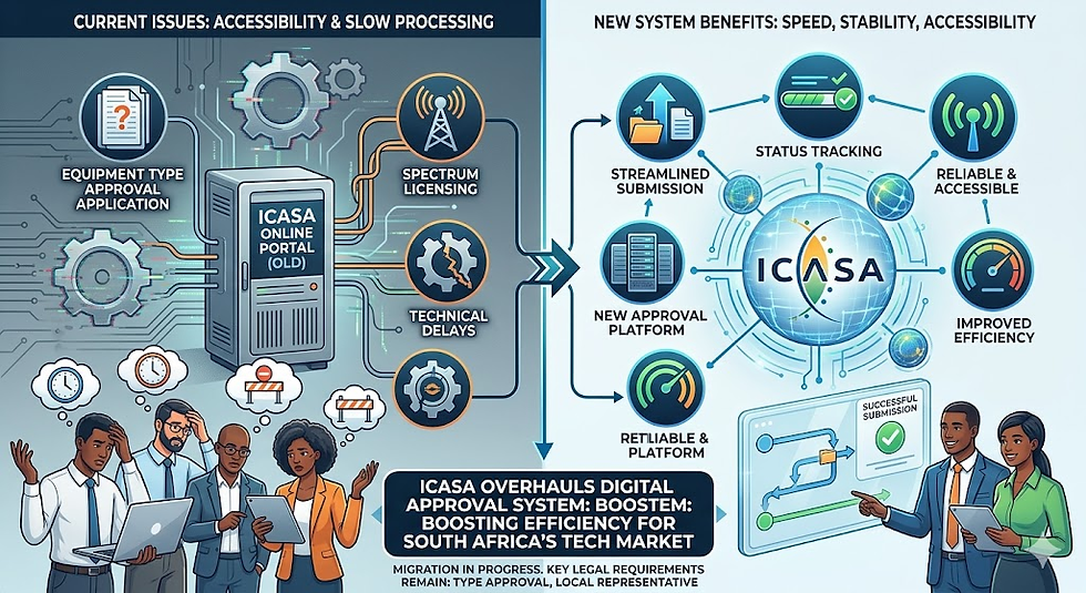 Infographic comparing ICASA’s old and new digital approval systems in South Africa. The left side, labeled “Current Issues: Accessibility & Slow Processing,” shows an outdated ICASA online portal surrounded by icons for equipment type approval applications, spectrum licensing, and technical delays. Frustrated professionals stand below with thought bubbles showing clocks and obstacles, emphasizing slow processing and inefficiency.
The right side, labeled “New System Benefits: Speed, Stability, Accessibility,” shows a modern ICASA approval platform with connected icons representing streamlined submission, status tracking, reliable access, and improved efficiency. Confident professionals review a successful submission on a digital screen. A central arrow indicates the transition from the old system to the upgraded platform. Text at the bottom states that ICASA is overhauling its digital approval system to boost efficiency for South Africa’s tech market, with migration in progress and key legal requirements remaining in place.
