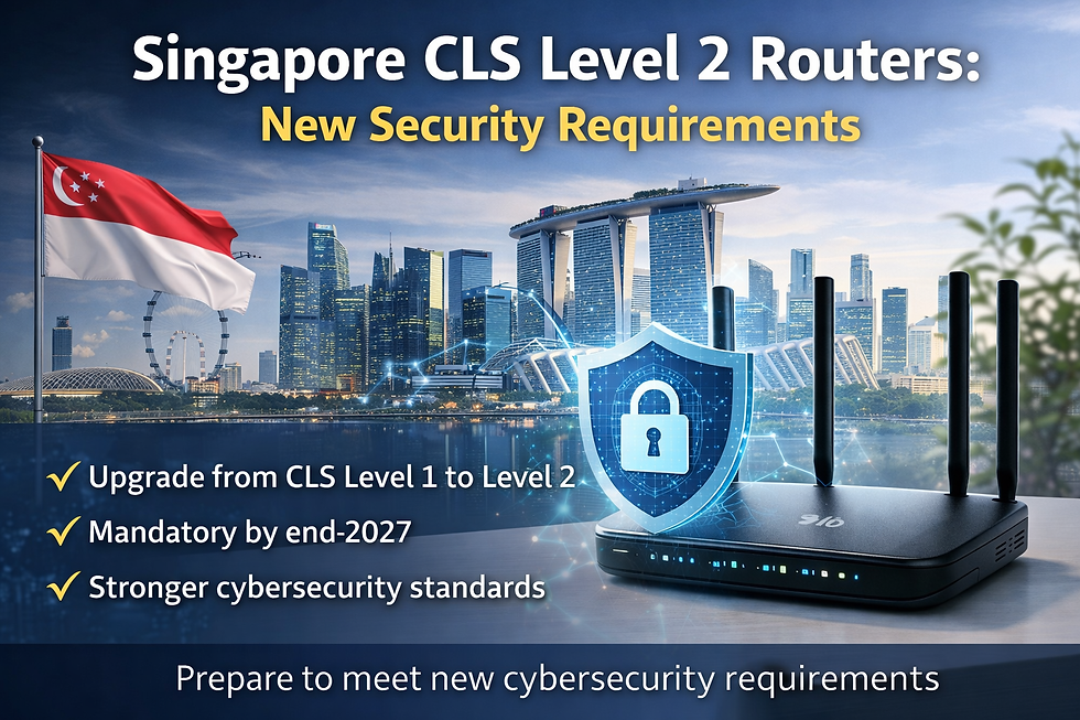 Singapore CLS Level 2 routers showing WiFi router with cybersecurity shield and Singapore skyline representing new security requirements
