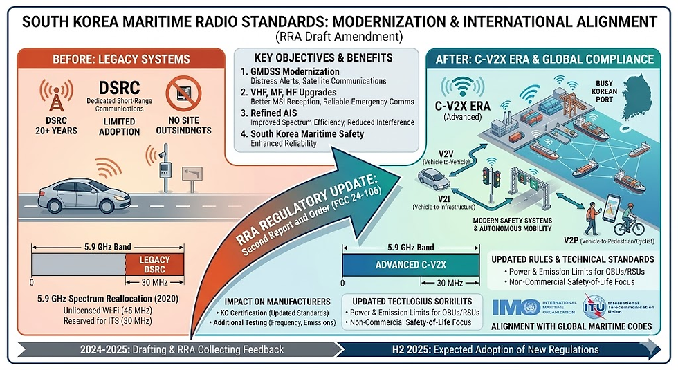 Infographic explaining the modernization of South Korea maritime radio regulations, showing the transition from legacy communication systems to updated maritime radio standards aligned with global frameworks, including GMDSS upgrades, AIS improvements, and enhanced safety communications for ships operating in Korean ports.