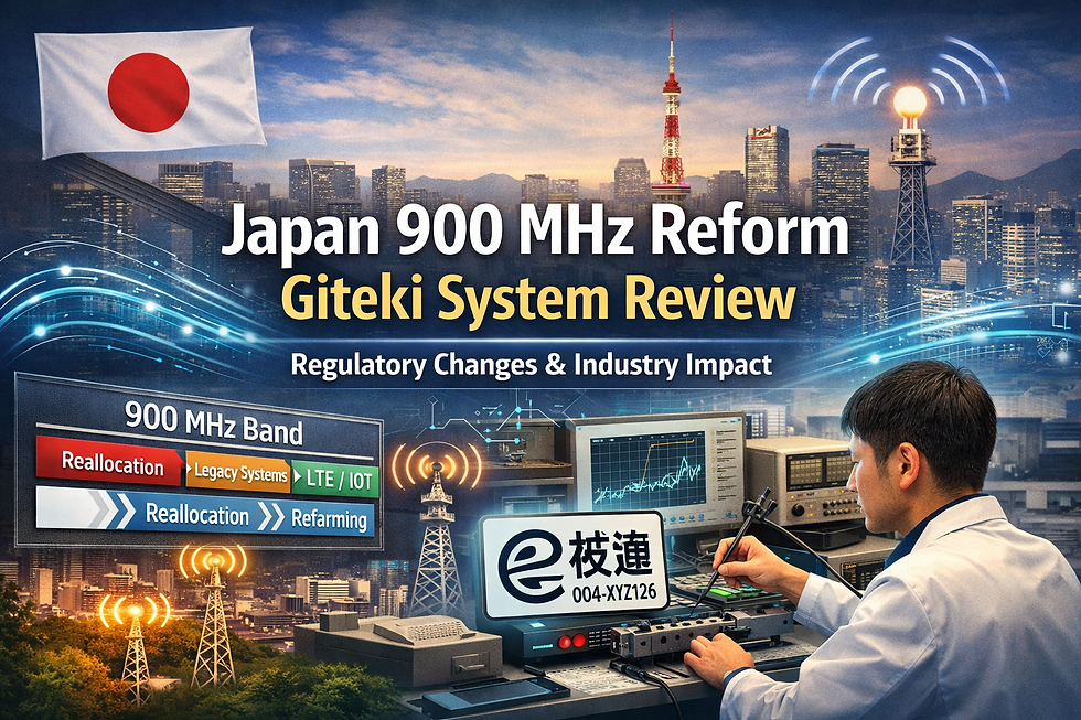 Illustration of Japan 900 MHz spectrum reform and Giteki system review, featuring Tokyo skyline, telecom towers, wireless signals, and a technician performing radio equipment certification testing.