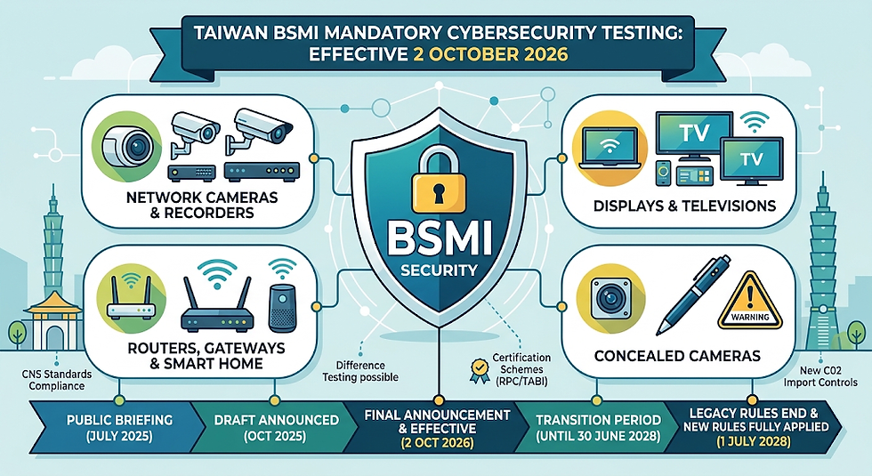 Infographic summarizing Taiwan BSMI's mandatory cybersecurity testing rules effective October 2, 2026, showing affected products—network cameras, routers, displays, and concealed cameras—and a timeline extending to July 2028.