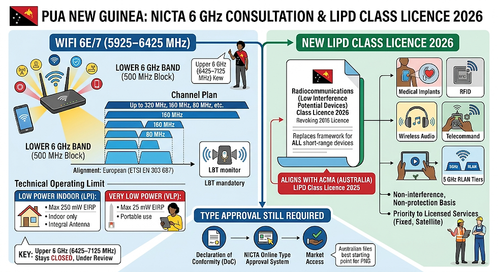 Infographic detailing Papua New Guinea's draft regulations, introducing 6 GHz Wi-Fi 6E/7 and the new LIPD Class Licence 2026.