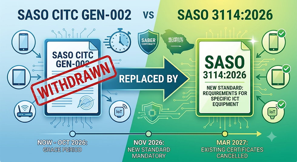 Infographic illustrating the transition from Saudi Arabia's SASO CITC GEN-002 standard to SASO 3114:2026 for ICT devices, featuring covered equipment icons and a timeline with key deadlines up to March 2027.