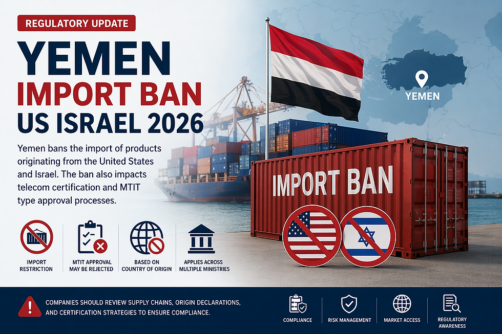 Yemen import ban US Israel 2026 infographic showing telecom certification impact and MTIT approval restrictions