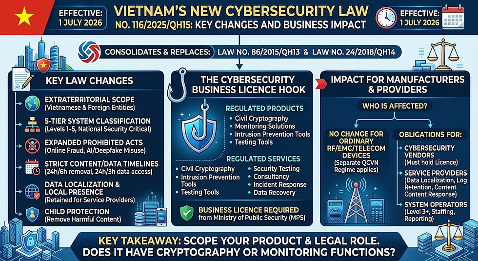An infographic breaking down Vietnam's Law No. 116/2025/QH15, which consolidates prior cybersecurity laws into a single framework taking effect on 1 July 2026. The chart outlines key provisions such as extraterritorial scope, a 5-tier system classification, strict content removal timelines, and data localization rules. It highlights the new Business Licence requirement from the Ministry of Public Security for cryptography and security vendors while noting that standard RF and telecom device approvals remain unchanged under the separate QCVN regime.