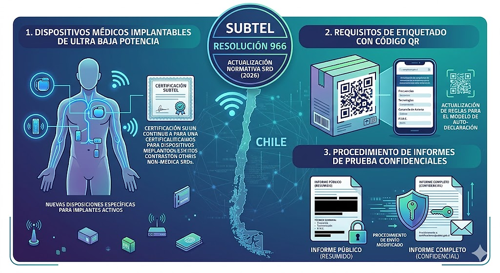 Shows a human silhouette highlighting active implantable medical devices connected to a formal "Certificación SUBTEL" document icon.