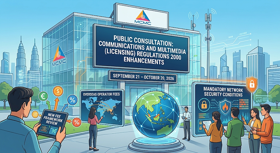 Illustration of professionals reviewing digital displays outside MCMC headquarters featuring updates on Malaysia’s telecommunications public consultation and fee framework.