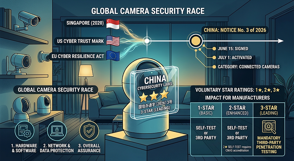 A modern smart home security camera showcasing China's 3-star cybersecurity rating label, flanked by infographic elements illustrating global IoT security standards.