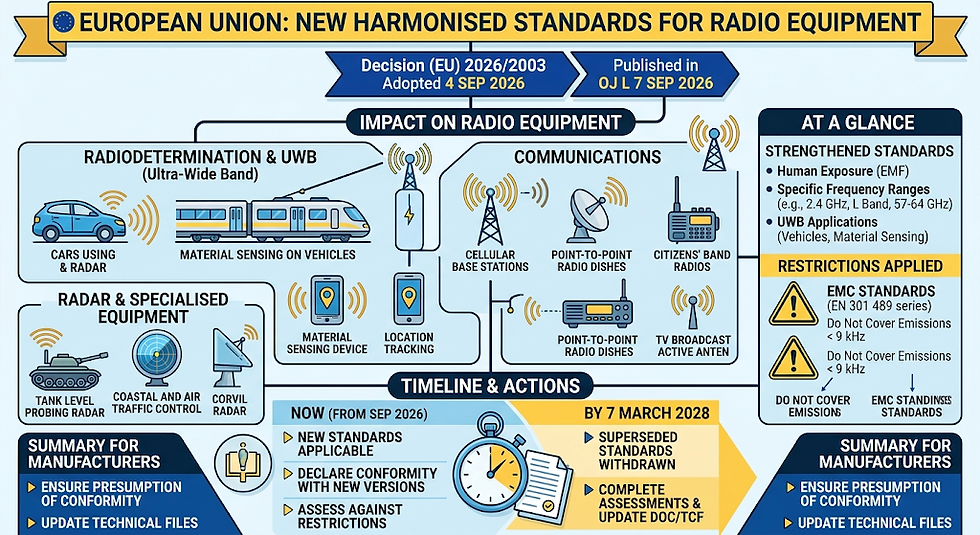 An infographic summarizing the EU Decision 2026/2003 updates for harmonised radio equipment standards, highlighting affected devices, key compliance timelines, and manufacturer actions.