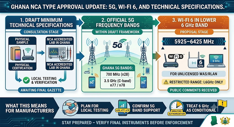 An infographic detailing Ghana's NCA Type Approval updates. It features three pillars: Draft Minimum Technical Specifications requiring local physical sample testing; Official 5G Frequency Bands (700 MHz/n28 and 3.5 GHz/n77/n78); and a proposal for Wi-Fi 6 in the lower 6 GHz band (5925–6425 MHz). The bottom panel outlines an action plan for manufacturers to prepare for these upcoming regulatory changes