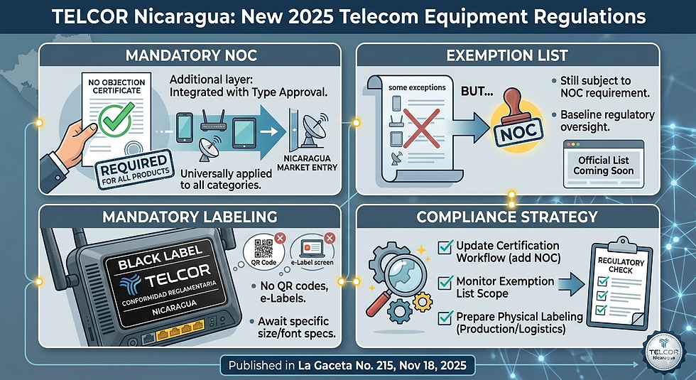 Infographic summarizing Nicaragua telecom regulations 2025 showing TELCOR requirements: mandatory No Objection Certificate (NOC), upcoming exemption list, physical black labeling rules, and compliance strategy steps for telecom equipment approval