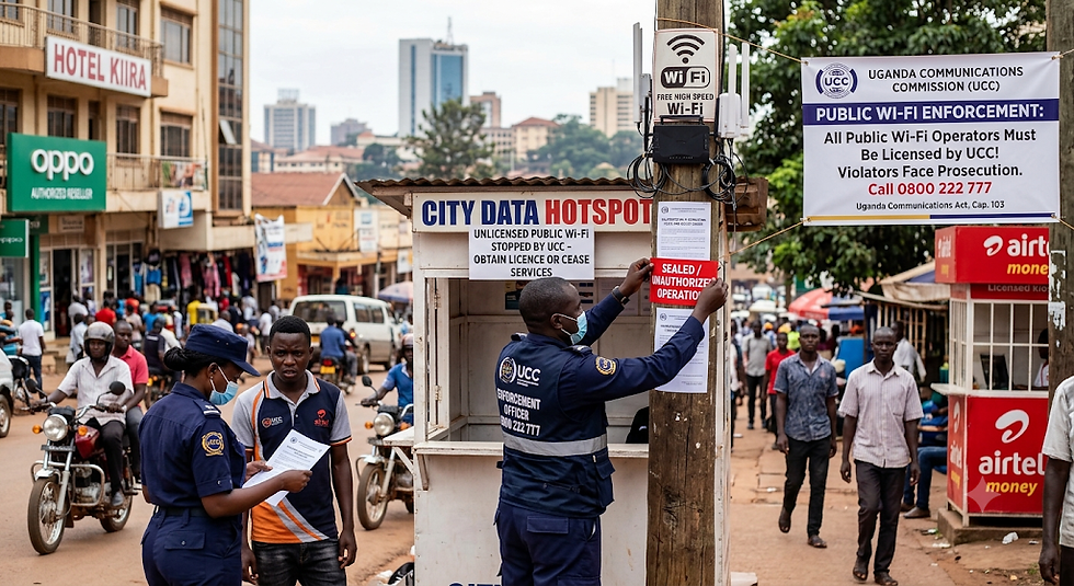 An enforcement officer from the Uganda Communications Commission (UCC) places a red "Unauthorised Operation" notice on a wooden pole equipped with public Wi-Fi routers and a "City Data Hotspot" sign on a busy urban street in Uganda. Nearby, another officer inspects compliance documents alongside local citizens, while a large official UCC banner in the background warns that all public Wi-Fi operators must be licensed.