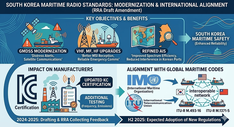 Infographic showing the modernization of South Korea maritime radio regulations, highlighting GMDSS modernization, VHF/MF/HF radio upgrades, AIS improvements, updated KC certification requirements, and alignment with international standards from the IMO and ITU.