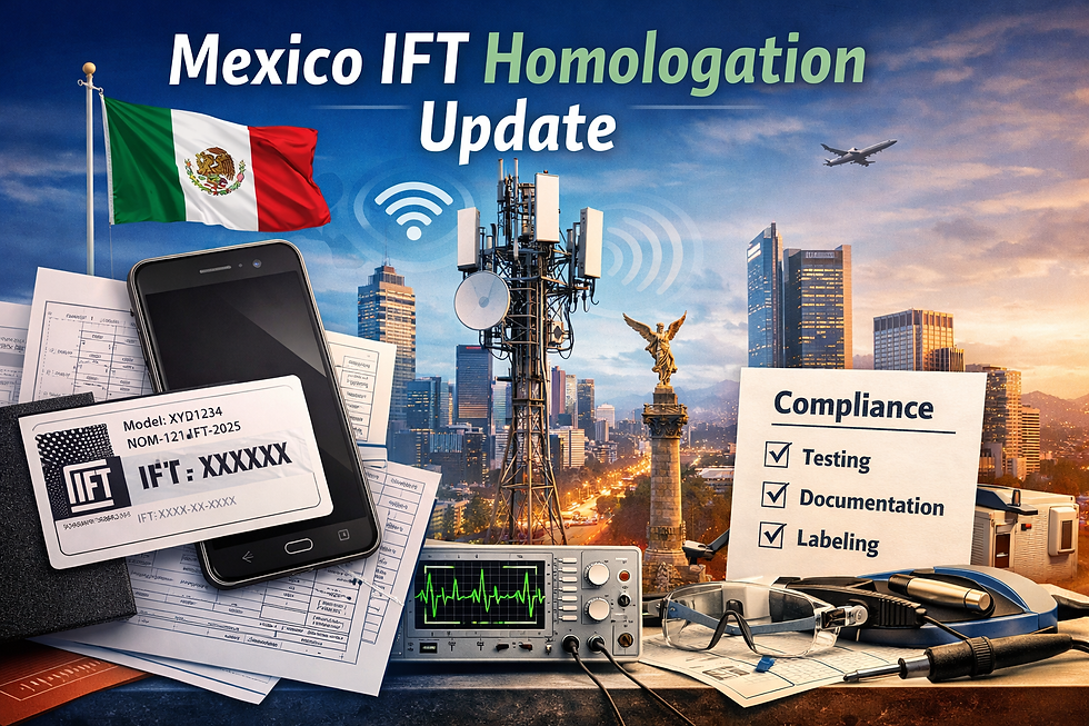 Mexico IFT homologation update illustration showing telecom tower, certified device label, compliance checklist, and testing equipment representing certification requirements
