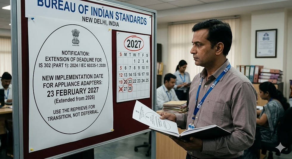Office worker reviewing a notice board at the Bureau of Indian Standards about a 2027 implementation deadline extension for appliance adapter regulations.