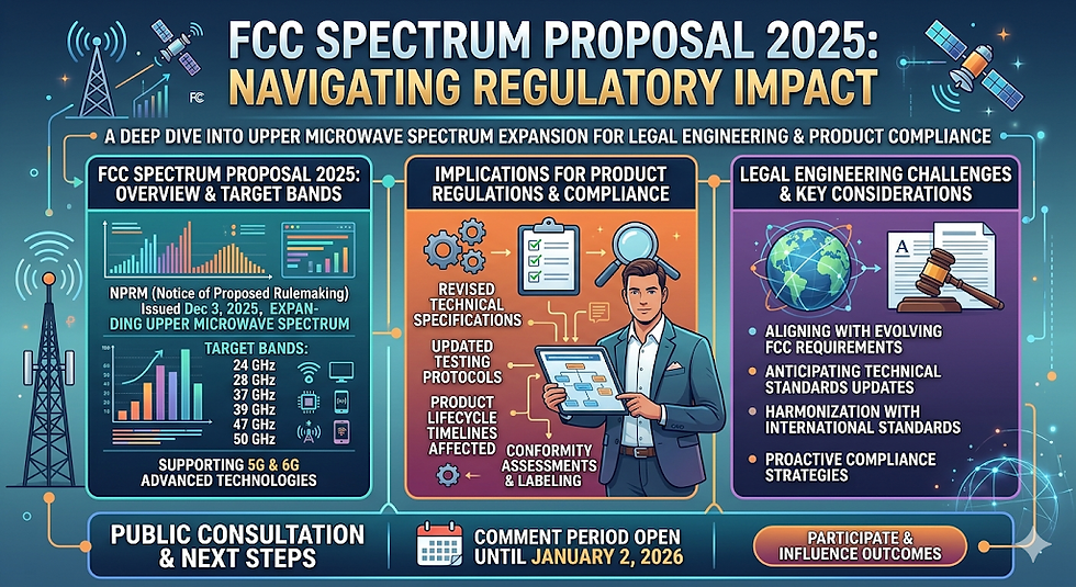**Alt Text:**
Infographic titled “FCC Spectrum Proposal 2025: Navigating Regulatory Impact,” illustrating the expansion of upper microwave spectrum bands (24–50 GHz), key compliance implications such as revised technical specifications and testing protocols, and legal engineering considerations including alignment with FCC requirements, international standards, and the public comment deadline of January 2, 2026.