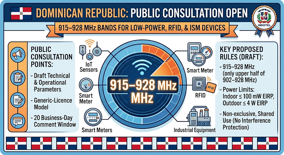 An infographic detailing the Dominican Republic's INDOTEL public consultation on 915–928 MHz operating rules for IoT, smart meters, RFID, and industrial equipment.
