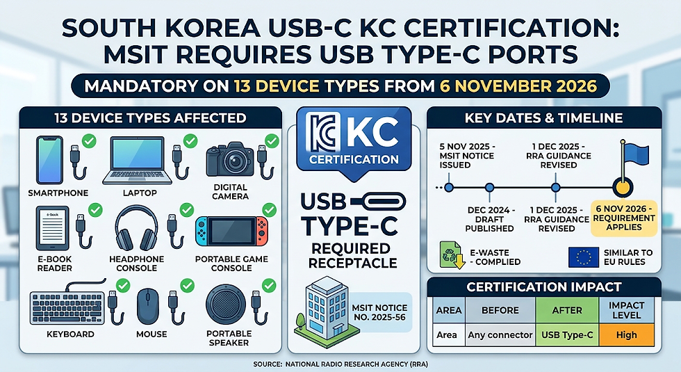 An infographic titled "South Korea USB-C KC Certification: MSIT Requires USB Type-C Ports" with the deadline "Mandatory on 13 Device Types from 6 November 2026." The graphic displays a layout with icons representing electronic devices like smartphones, laptops, cameras, headphones, e-book readers, portable game consoles, keyboards, mice, and portable speakers, all shown with USB-C cables and green checkmarks. Central logos show "KC Certification" and "USB Type-C Required Receptacle," with an illustration of the MSIT office building (MSIT Notice No. 2025-56). A "Key Dates & Timeline" lists specific milestones from December 2024, with the final deadline marked by a flag. Additional sections include "Certification Impact" showing a table with area, before, after, and impact level; an icon for "E-Waste Complied"; and a small EU flag with the text "Similar to EU Rules". At the bottom, "Source: National Radio Research Agency (RRA)" is credited.