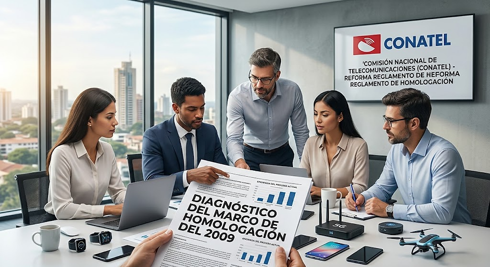 A group of professionals in a modern meeting room discussing Paraguay's CONATEL 2009 telecom homologation framework reform, surrounded by tech devices and charts.