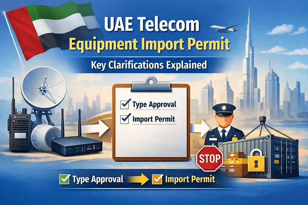 Illustration of UAE telecom equipment import permit requirements showing UAE flag, Dubai skyline, telecom devices, and a checklist highlighting type approval and import permit with customs control and shipment inspection elements.