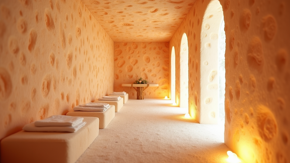 Eye-level view of a modern salt therapy room with salt-covered walls
