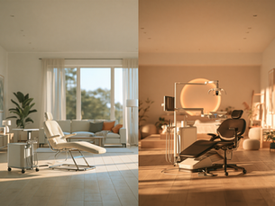 Comparison of a mobile at-home dental hygiene setup in a living room and a relaxing in-clinic teeth cleaning environment in London, Ontario.