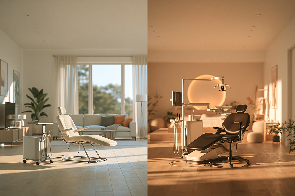 Comparison of a mobile at-home dental hygiene setup in a living room and a relaxing in-clinic teeth cleaning environment in London, Ontario.