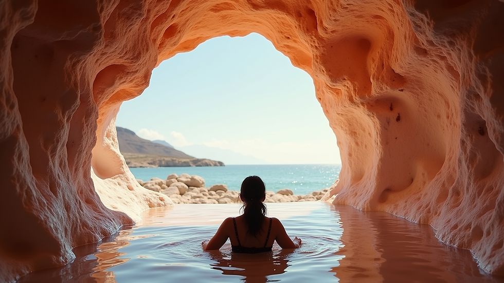 Eye-level view of a person relaxing in a salt cave