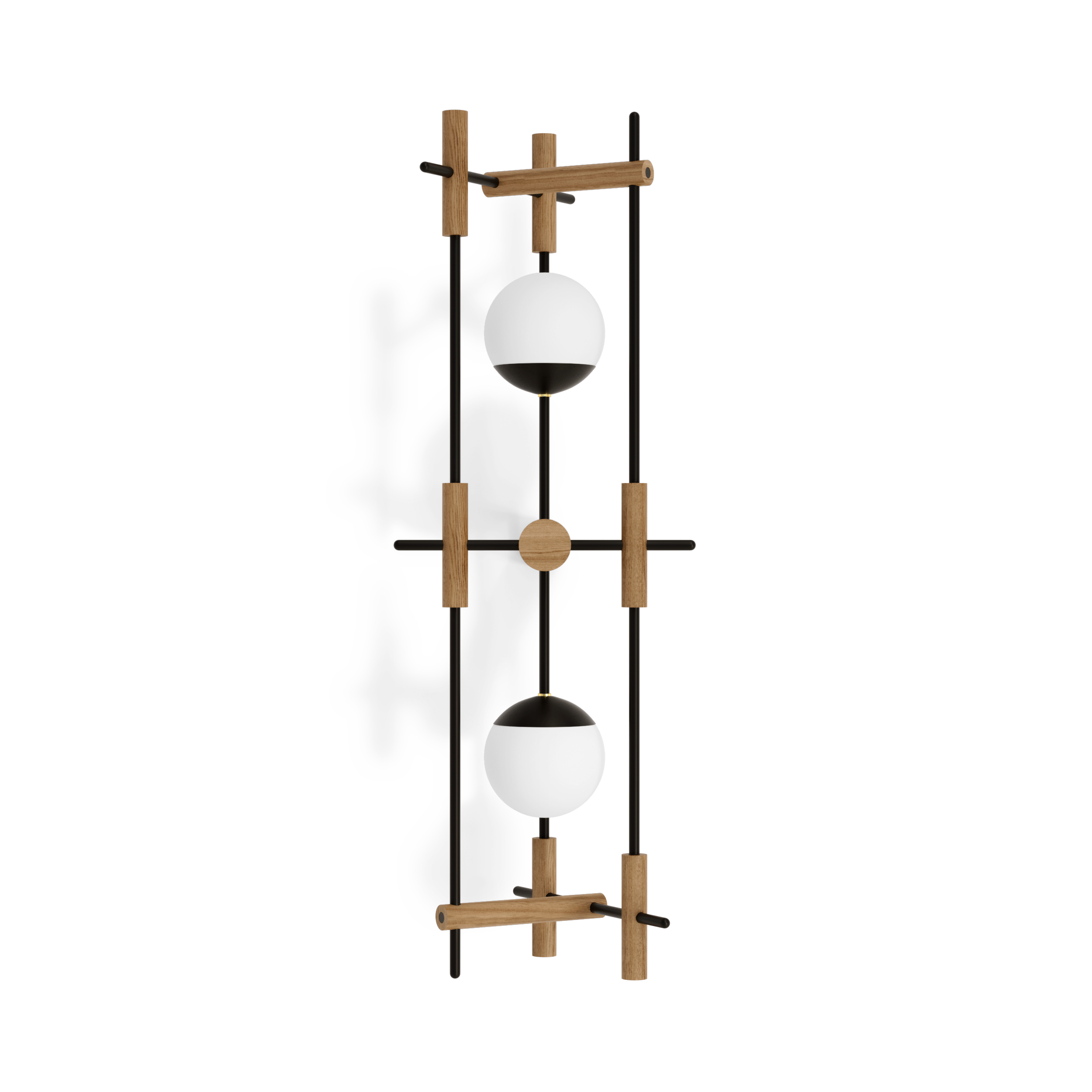 Large japandi style wooden wall lamp with two milk glass shades inspired by Japanese culture and modern minimalist design