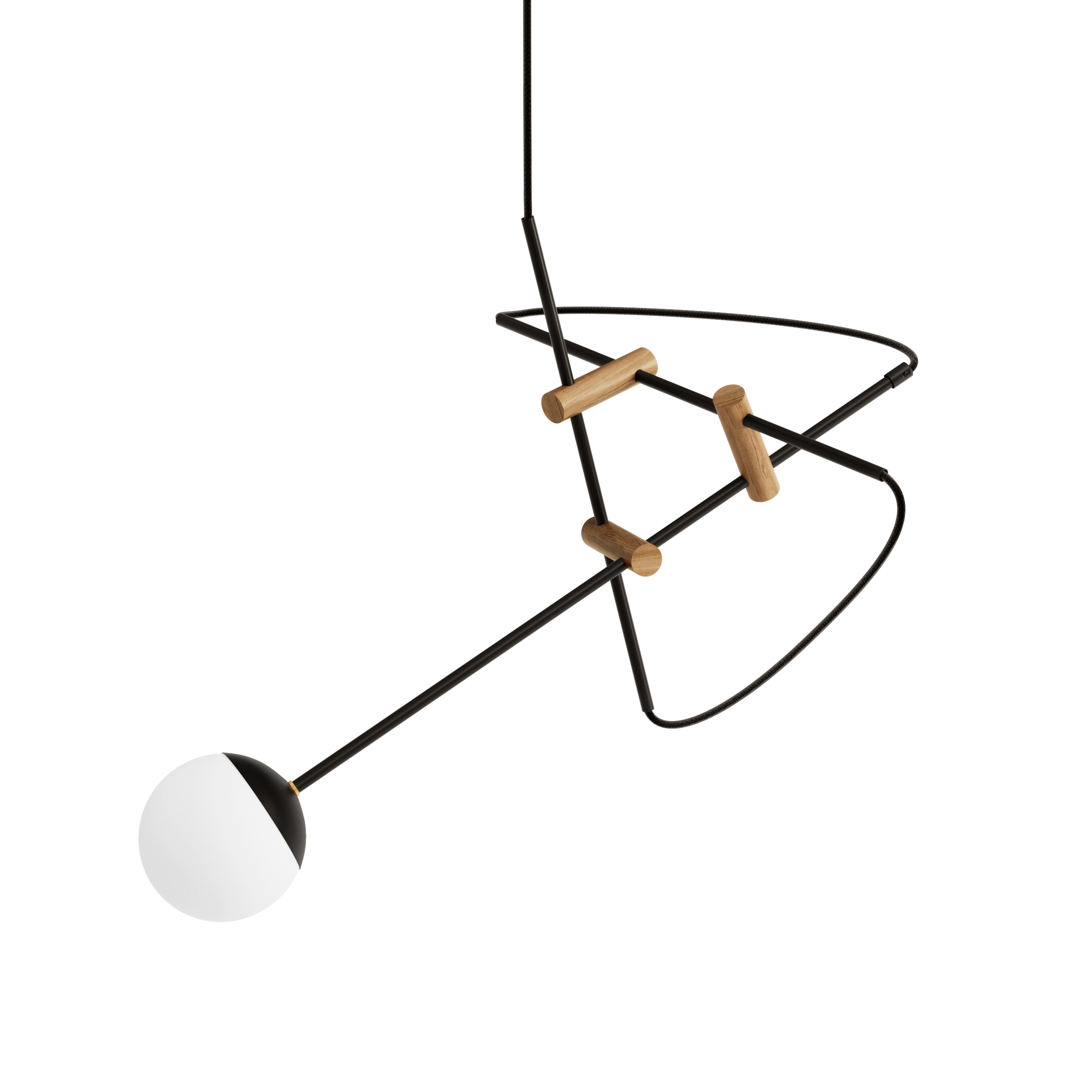 Asymmetric ceiling lamp with wooden details and round opal shade inspired by Japanese culture and modern minimalist design