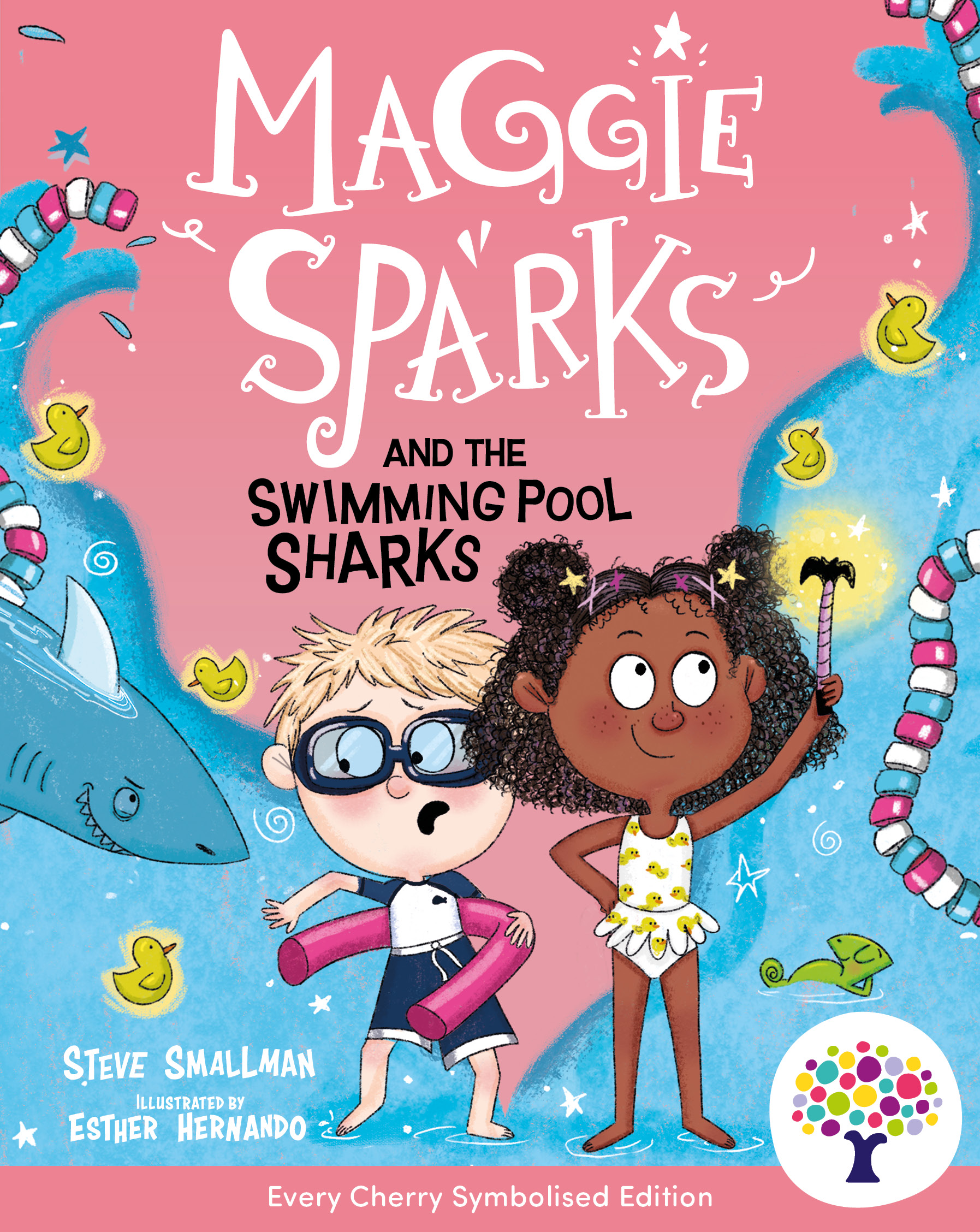Front cover of Maggie Sparks and the Swimming Pool Sharks: Accessible Symbolised Edition by Steve Smallman, illustrated by Esther Hernando