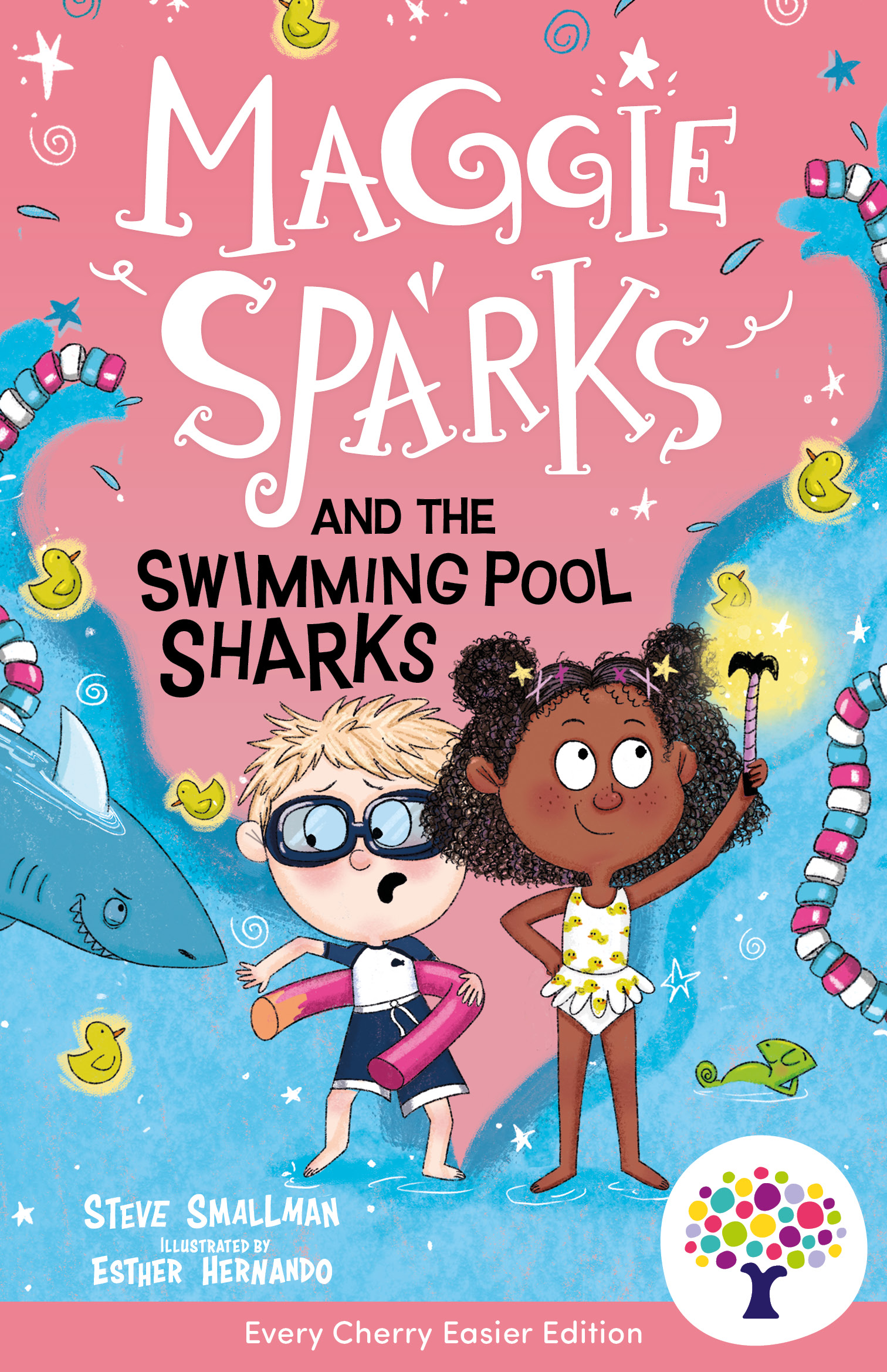 Front cover of Maggie Sparks and the Swimming Pool Sharks: Accessible Easier Edition by Steve Smallman, illustrated by Esther Hernando