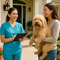 Smiling vet tech talks to a woman holding a dog